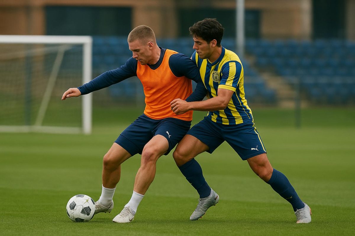 Verdediger van Union Saint-Gilloise in duel tijdens training, zonder herkenbare gezichten