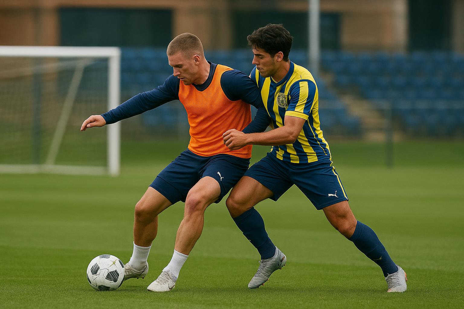 Verdediger van Union Saint-Gilloise in duel tijdens training, zonder herkenbare gezichten