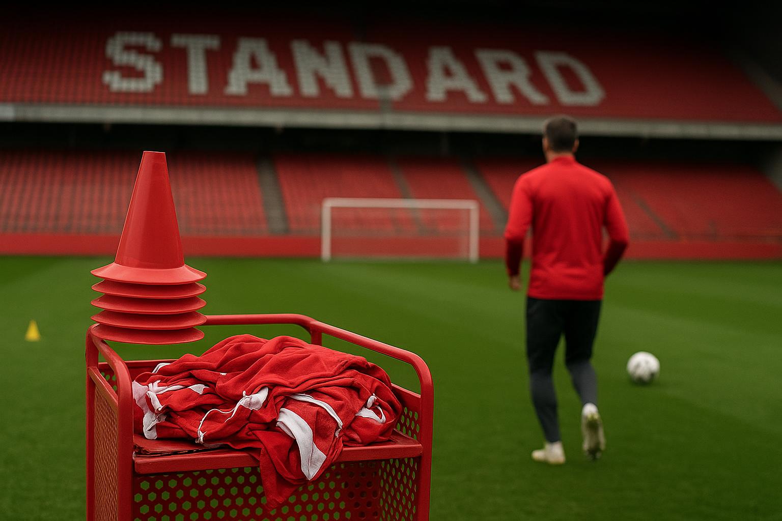 Marc Wilmots bij Standard Luik in een trainingscontext, met focus op contractdossiers richting volgend seizoen.
