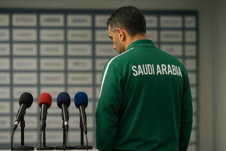 Hervé Renard in een persmoment als bondscoach van Saudi-Arabië
