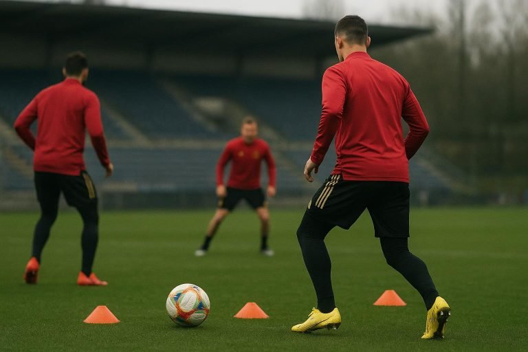 Trainingssituatie bij de Rode Duivels met focus op een spits en de bal, zonder herkenbare gezichten