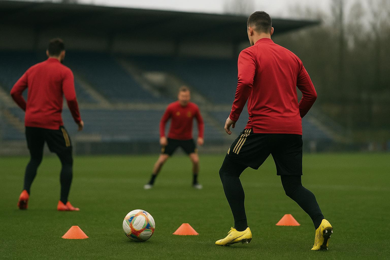 Trainingssituatie bij de Rode Duivels met focus op een spits en de bal, zonder herkenbare gezichten