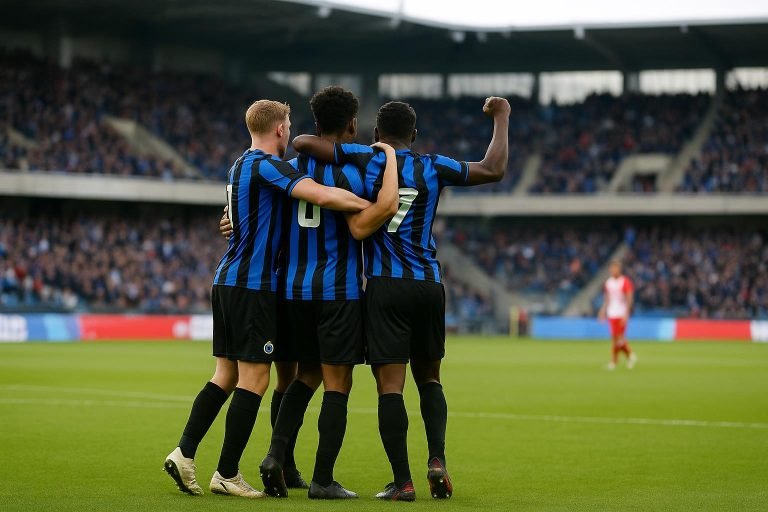 Spelers van Club Brugge U19 vieren een doelpunt tegen Benfica in Lausanne