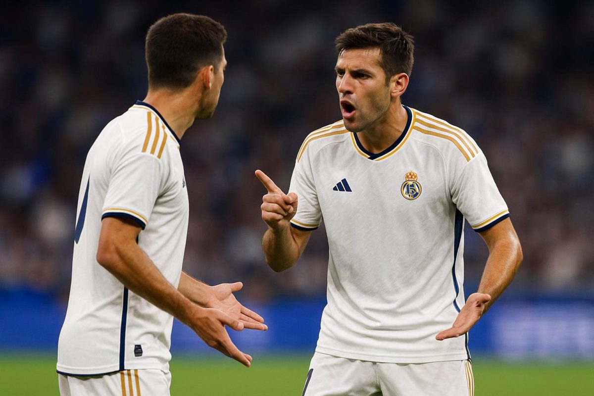 Spelers van Real Madrid discussiëren op het veld na een frustrerend moment in de match