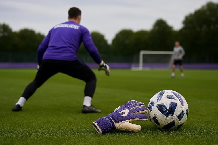 Trainingmoment bij RSC Anderlecht met focus op keepershandschoenen en bal, zonder herkenbare gezichten