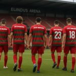 Sfeerbeeld in het stadion van SV Zulte Waregem met spelers op het veld zonder herkenbare gezichten
