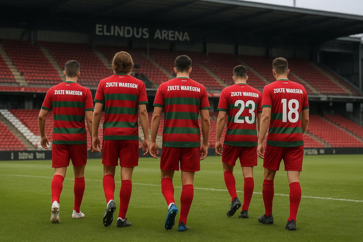 Sfeerbeeld in het stadion van SV Zulte Waregem met spelers op het veld zonder herkenbare gezichten