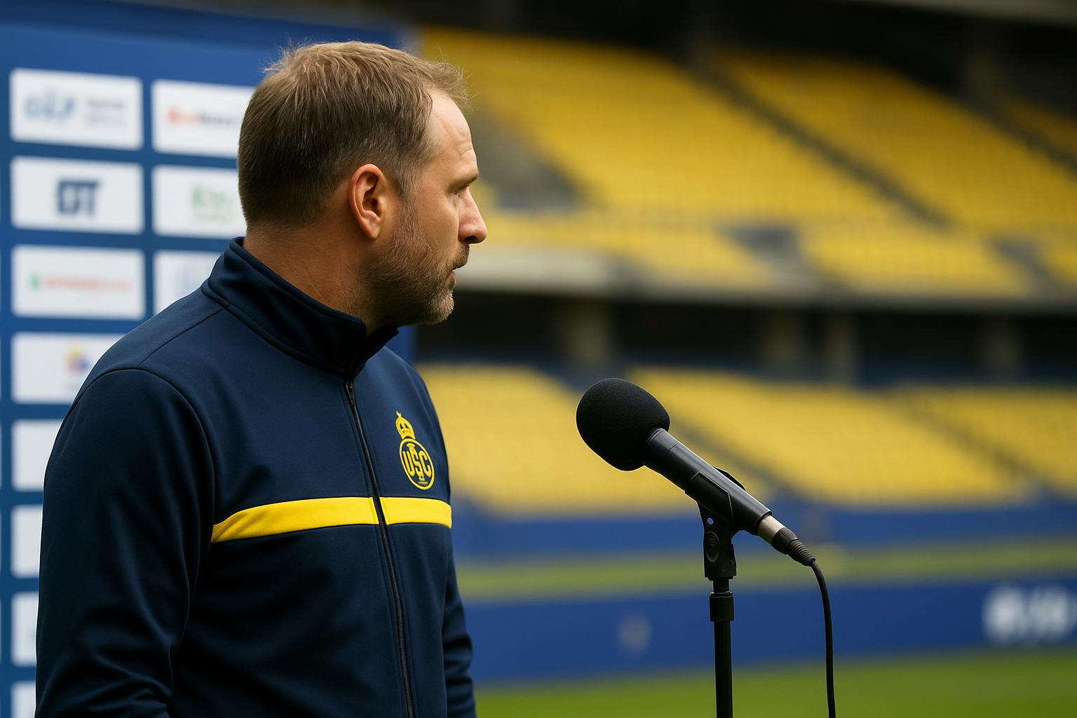 Trainer David Hubert van Union Saint-Gilloise langs de zijlijn in aanloop naar het duel met Club Brugge