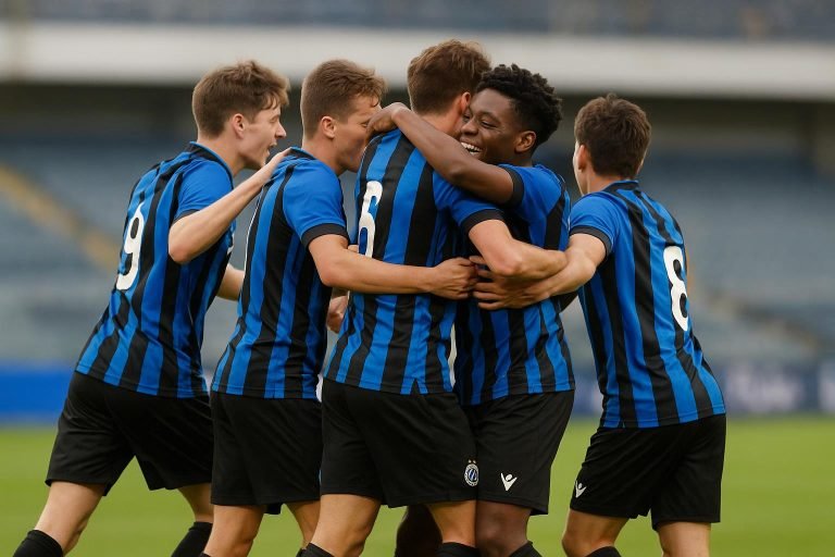 Spelers van Club Brugge U19 vieren na de 1-3 zege tegen Benfica in de UEFA Youth League.