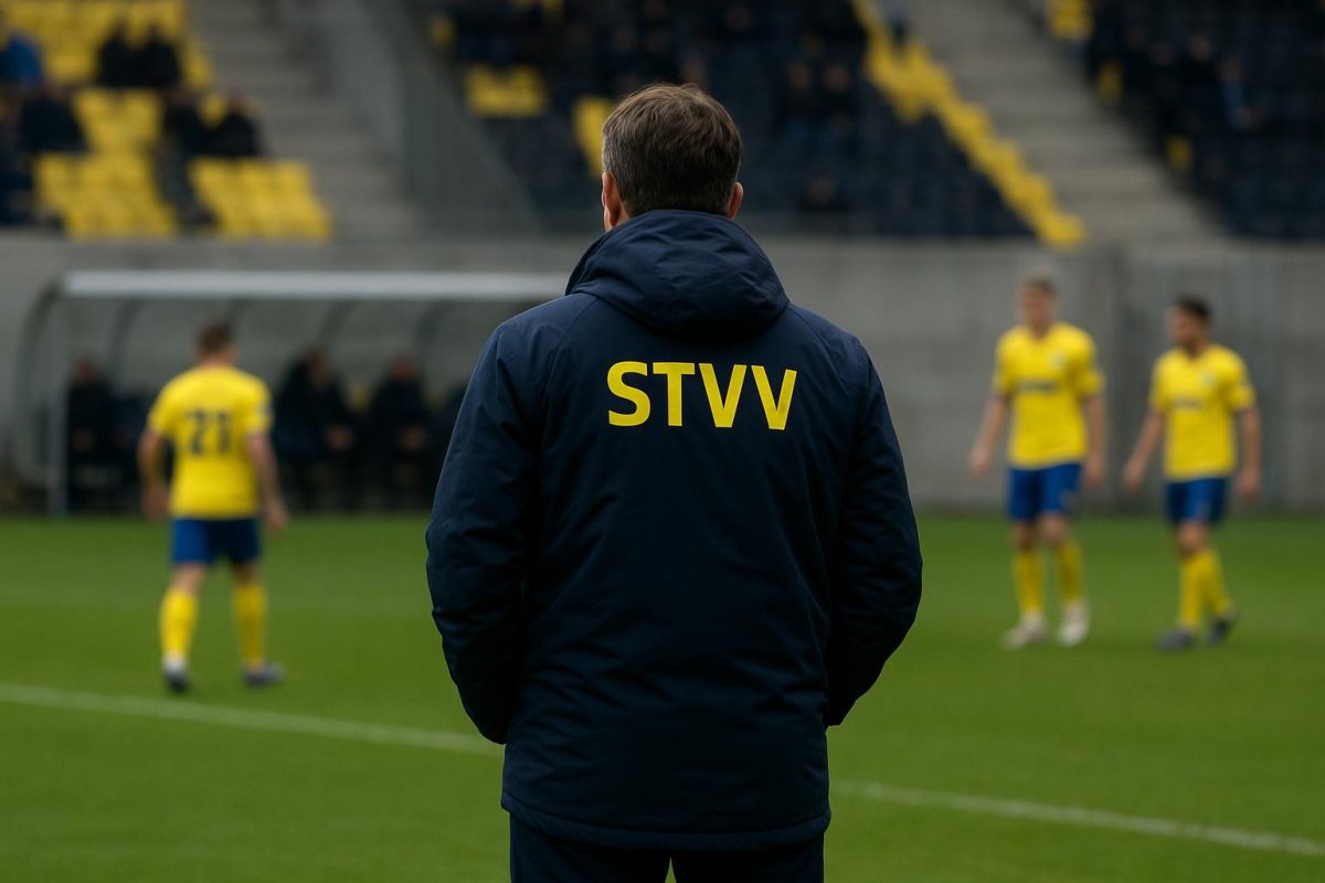 Wouter Vrancken coacht STVV langs de zijlijn tijdens een play-offwedstrijd.