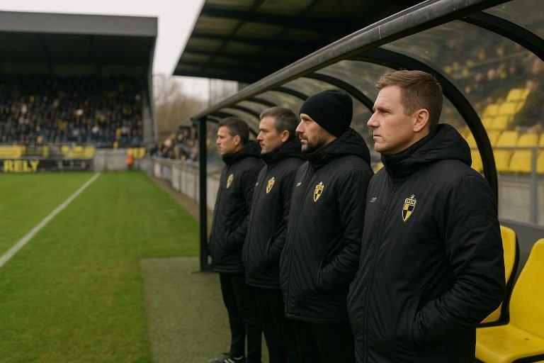 Beeld van de bankzone bij Lierse SK tijdens een wedstrijd in de Challenger Pro League
