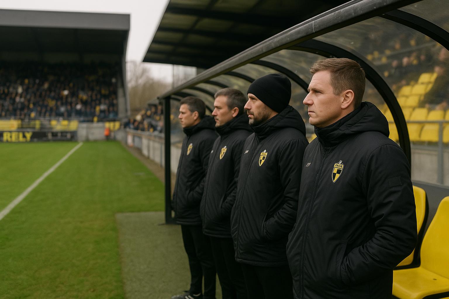 Beeld van de bankzone bij Lierse SK tijdens een wedstrijd in de Challenger Pro League