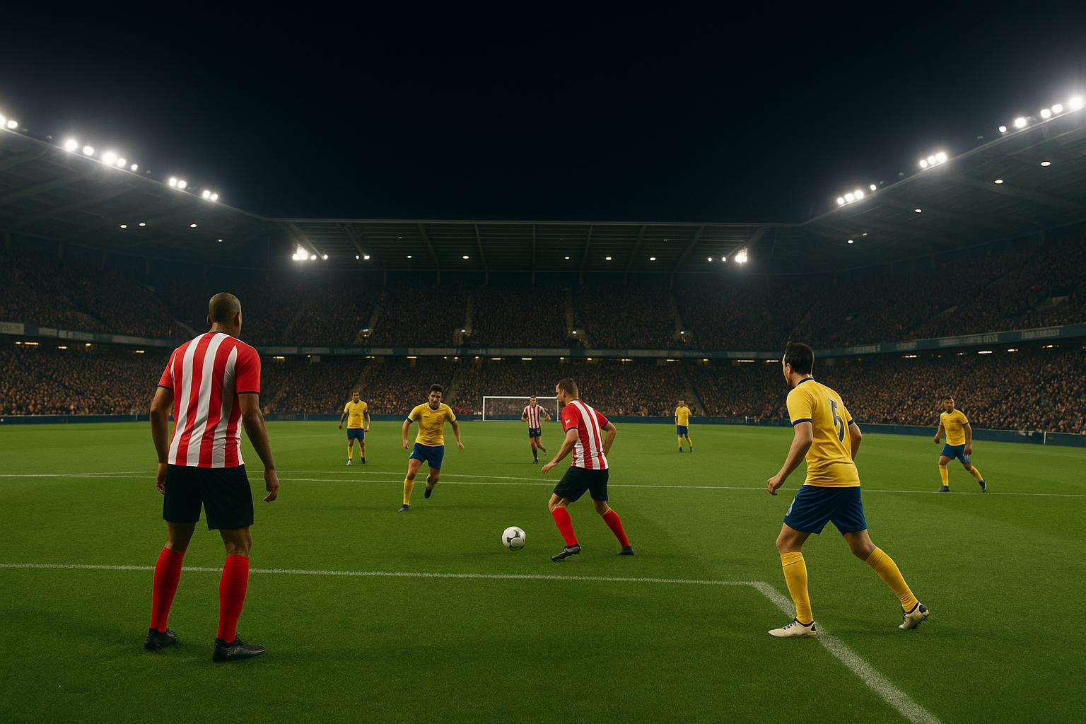 Sfeershot in een stadion tijdens een avondwedstrijd in de Challenger Pro League