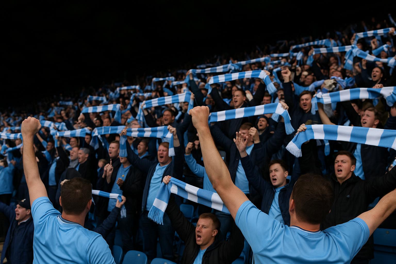 Spelers van Coventry City vieren promotie na een wedstrijd in het stadion.