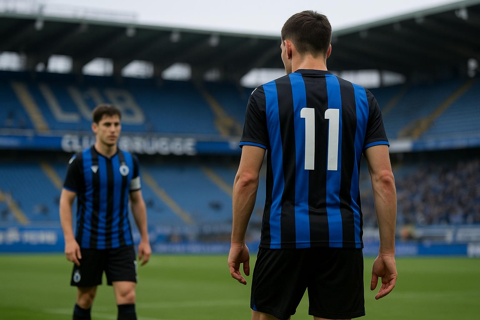 Sfeerbeeld van Club Brugge in het Jan Breydelstadion met focus op een aanvaller in actie, zonder herkenbare gezichten.