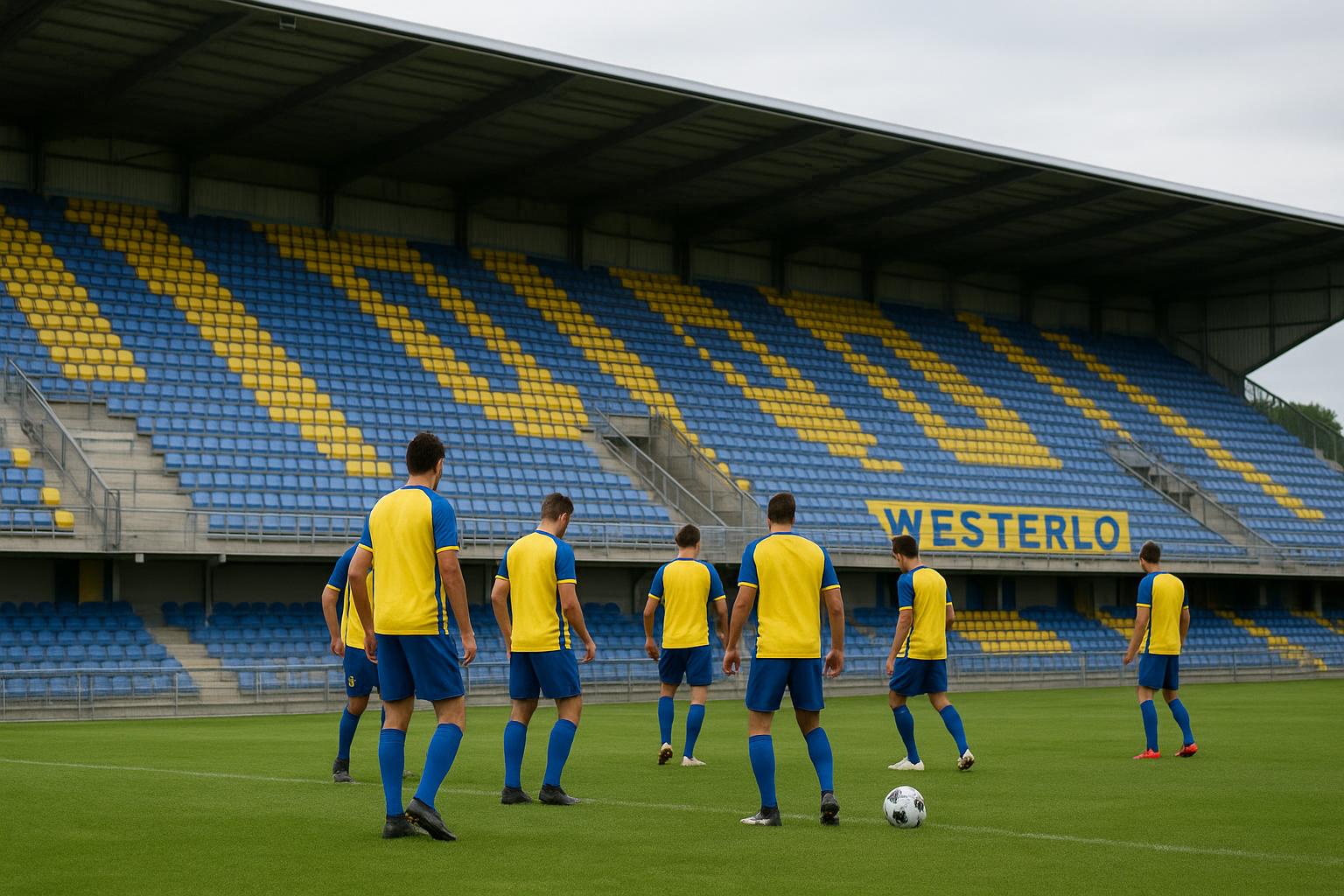 Spelers van KVC Westerlo vieren een moment op het veld in het Kuipje.