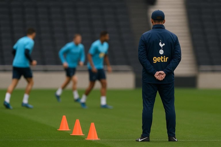 Roberto De Zerbi langs de zijlijn tijdens een training in clubkleuren