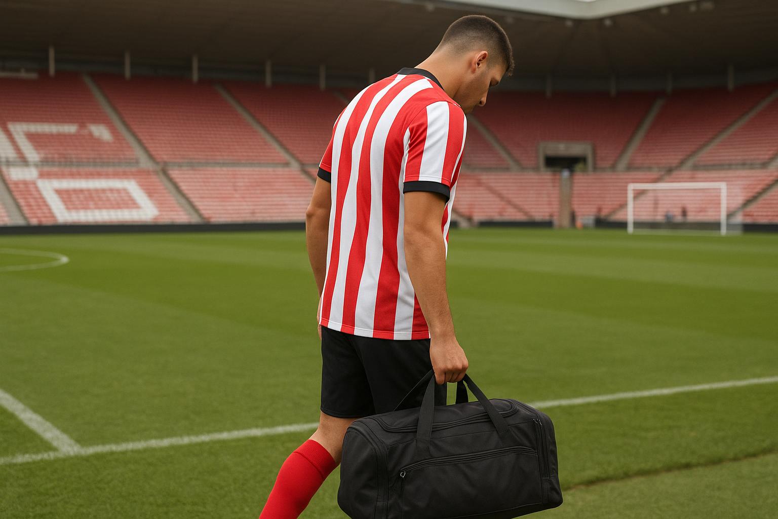 Sfeerbeeld van een training in Engeland met een speler in Sunderland-kleuren, zonder herkenbare gezichten.