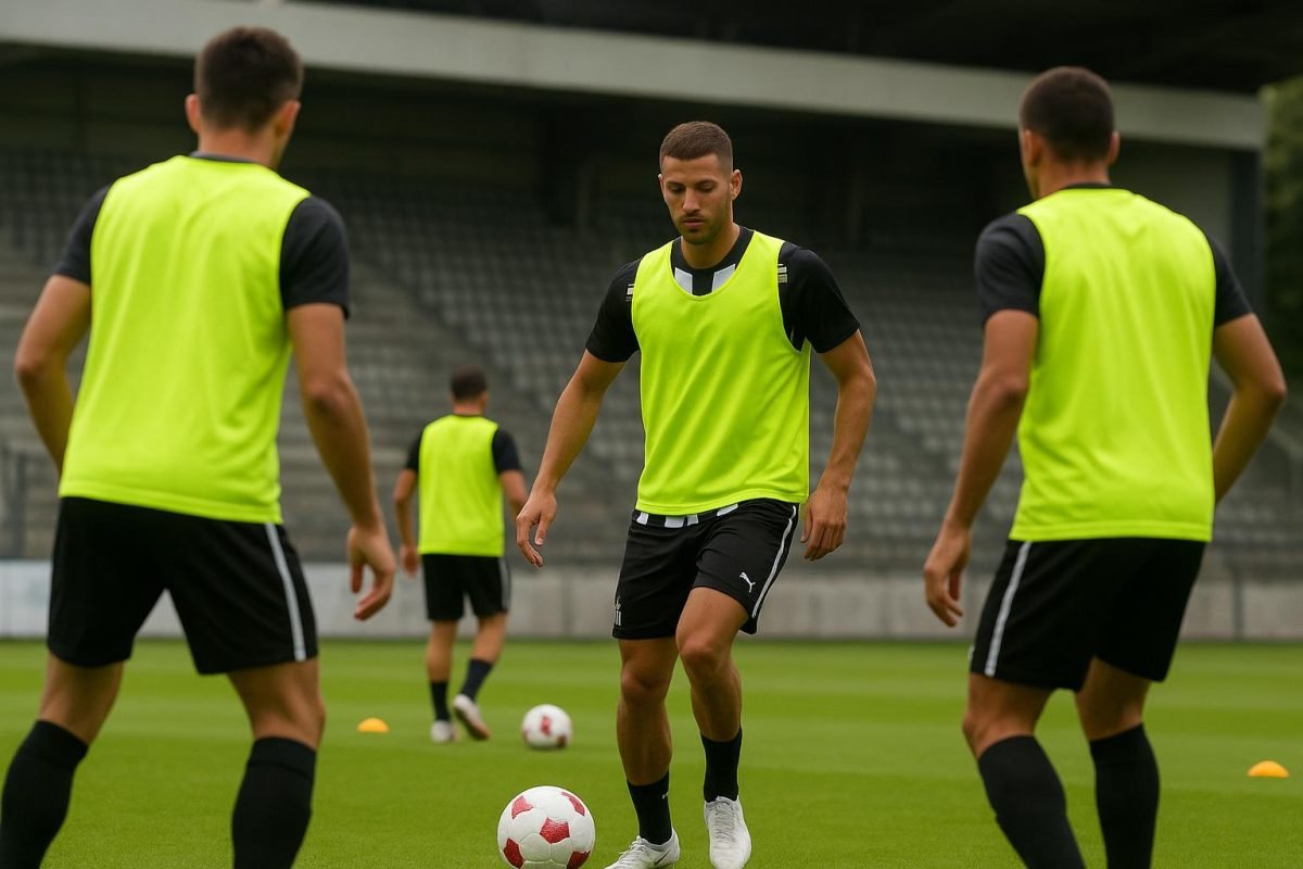 Spelers van Sporting Charleroi tijdens een training in aanloop naar de Waalse derby, zonder herkenbare gezichten.
