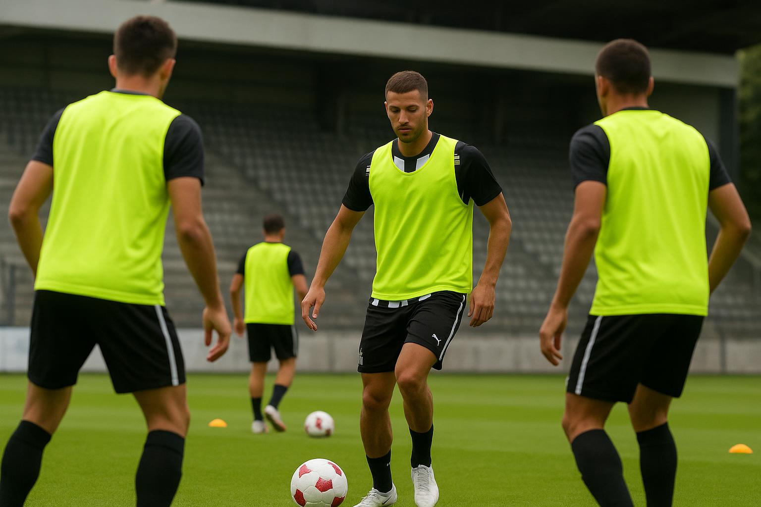 Spelers van Sporting Charleroi tijdens een training in aanloop naar de Waalse derby, zonder herkenbare gezichten.