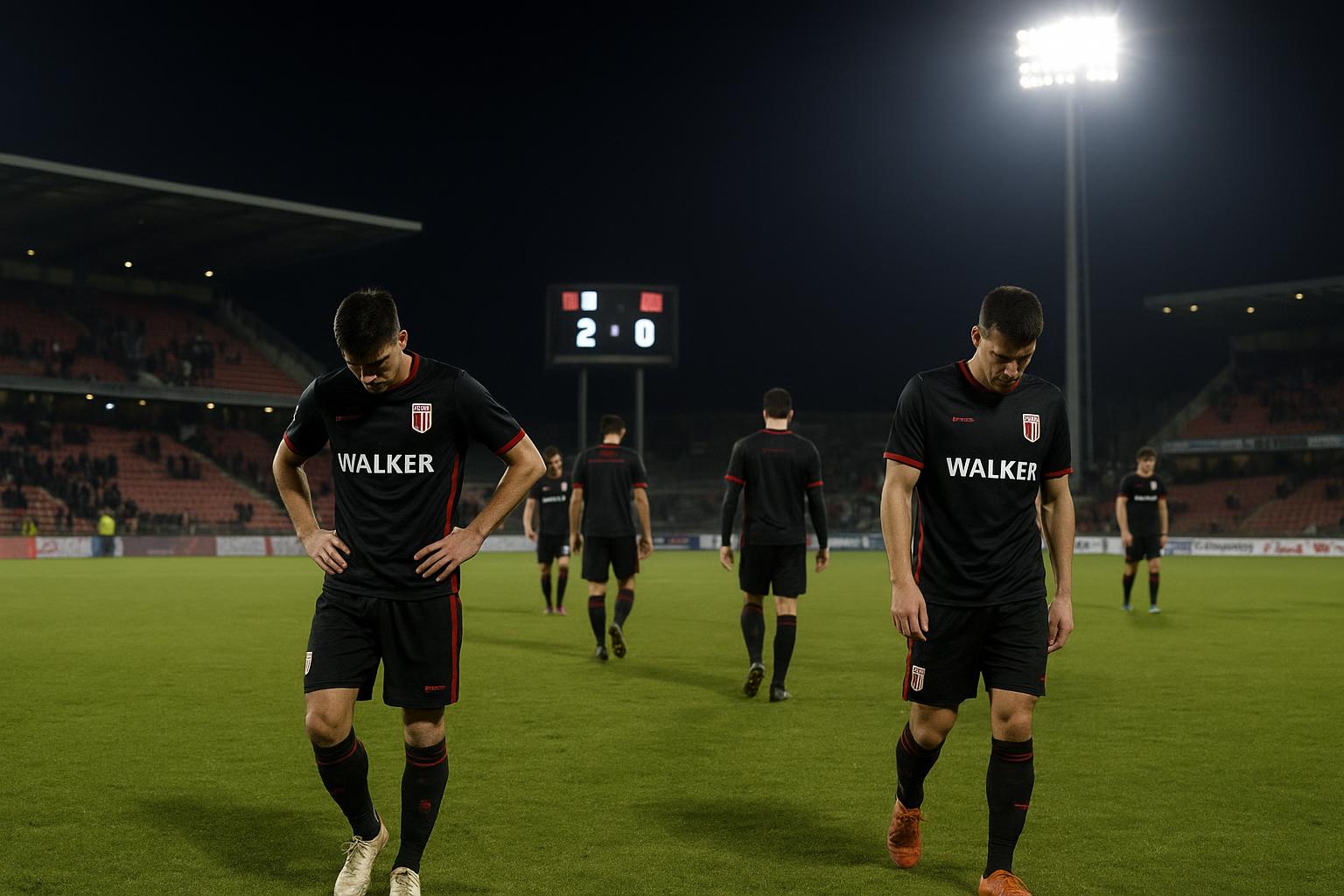 Spelers van RWDM in een stadionomgeving na de nederlaag in Kortrijk