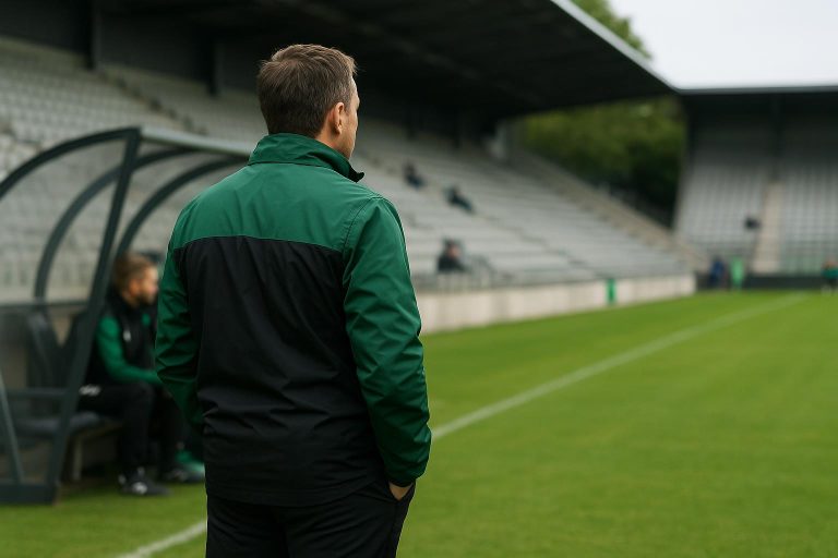 Yves Vanderhaeghe langs de zijlijn als coach van Francs Borains