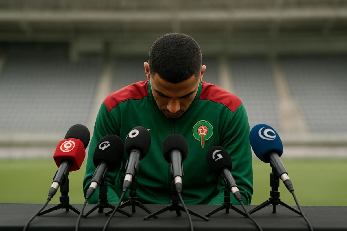 Achraf Hakimi van Marokko tijdens een persmoment rond de Afrika Cup