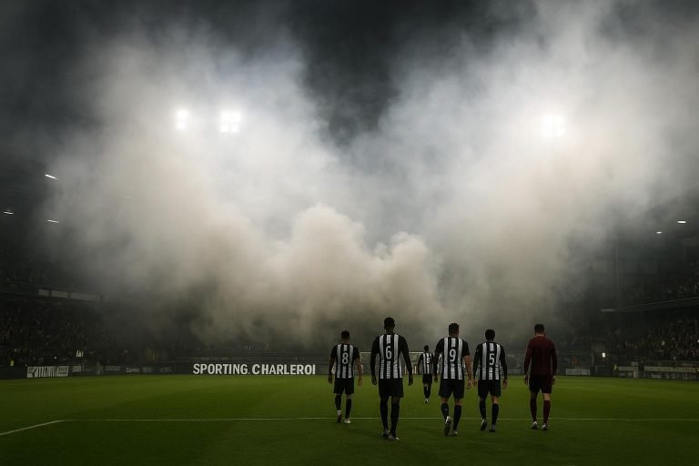Rook hangt boven de tribunes in het Stade du Pays de Charleroi tijdens Charleroi-Standard