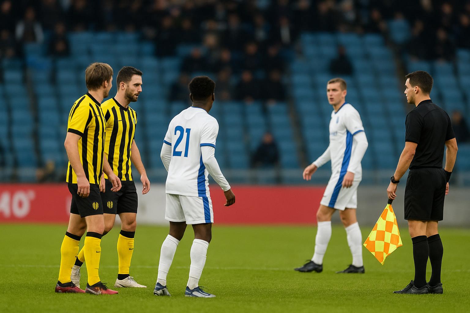 De vierde scheidsrechter maakt zich klaar om als lijnrechter in te vallen tijdens KV Mechelen tegen Anderlecht.