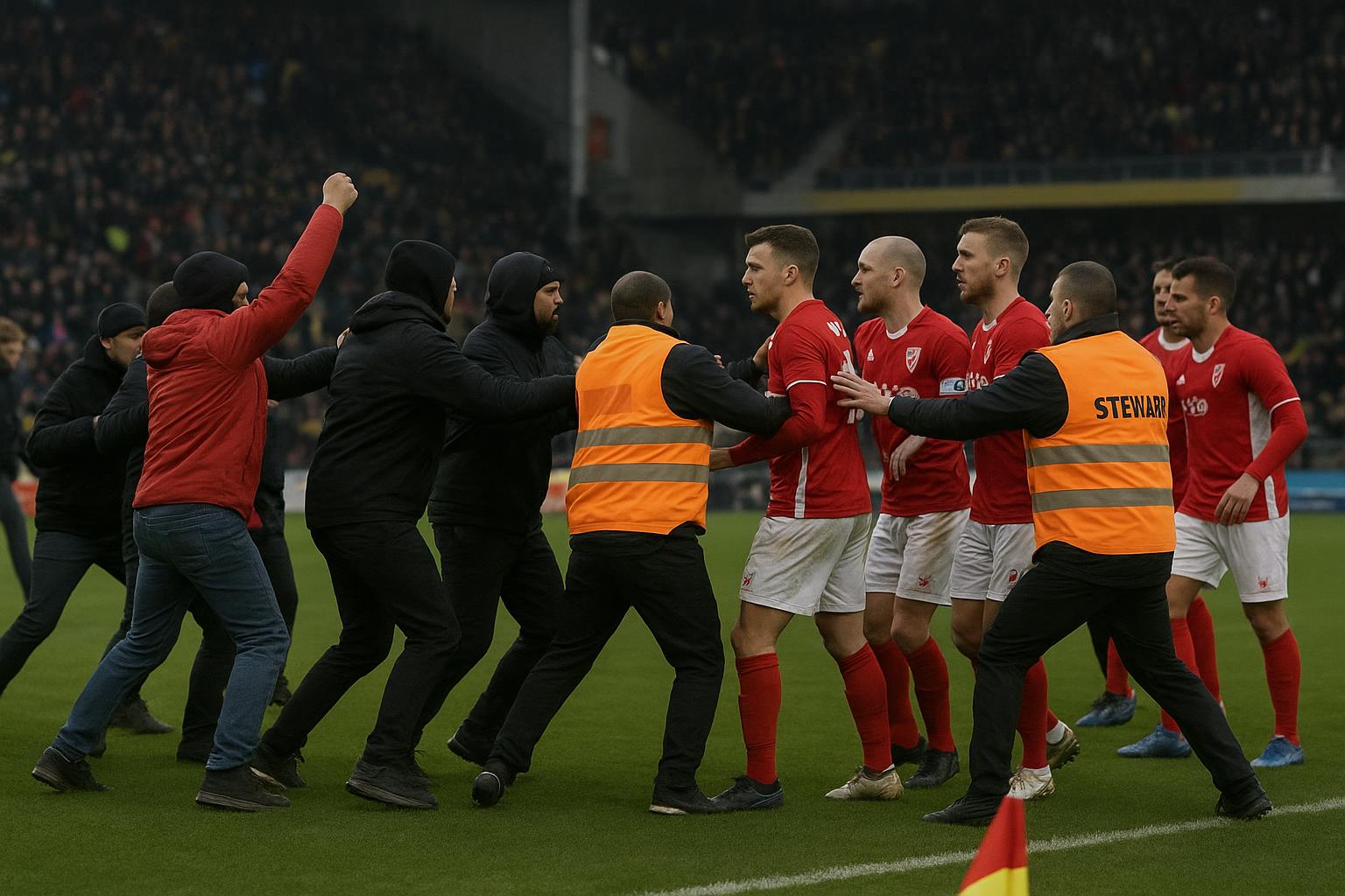 Spelers van Charleroi en Standard Luik staan na het laatste fluitsignaal in discussie op het veld.