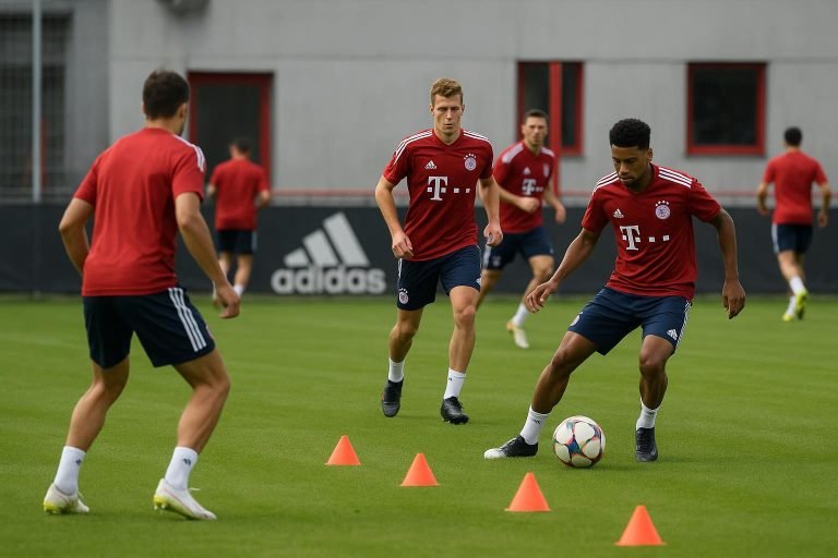 Training bij Bayern München op een oefenveld, met spelers op de achtergrond zonder herkenbare gezichten