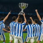 Spelers van Real Sociedad vieren de Copa del Rey na de strafschoppen tegen Atletico Madrid.