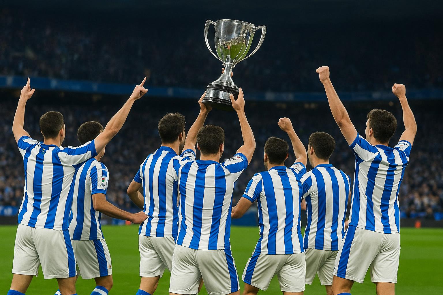 Spelers van Real Sociedad vieren de Copa del Rey na de strafschoppen tegen Atletico Madrid.