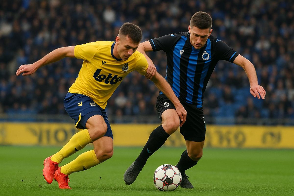 Spelmoment tussen Union SG en Club Brugge in het Dudenpark