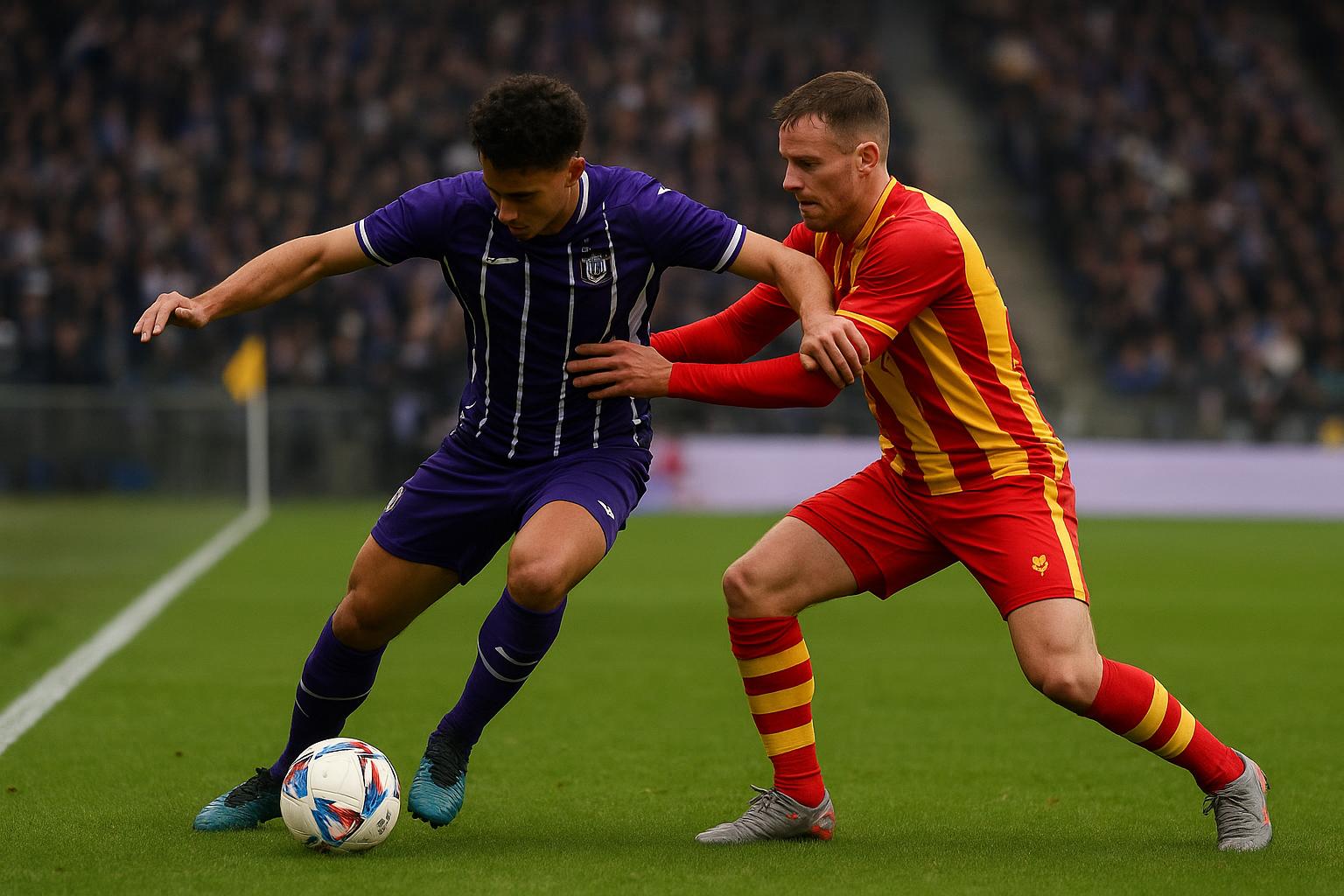 Spelmoment uit RSC Anderlecht tegen KV Mechelen met een flankaanvaller in duel