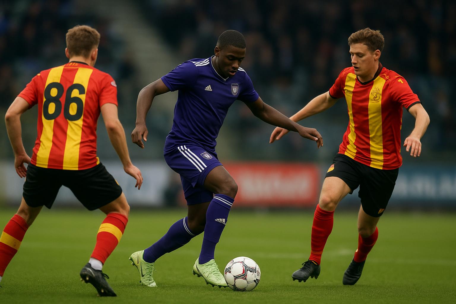 Spelers van Anderlecht vieren een uitzege in het stadion van KV Mechelen.