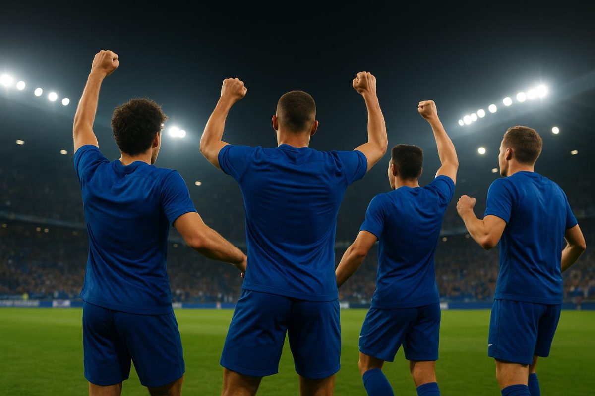 Spelers van KRC Genk vieren een overwinning in het stadion tijdens de Europe Play-Offs