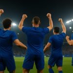 Spelers van KRC Genk vieren een overwinning in het stadion tijdens de Europe Play-Offs