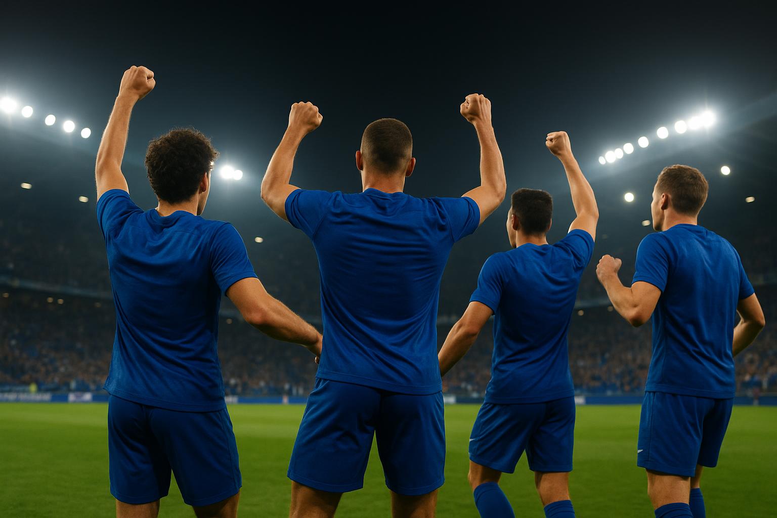 Spelers van KRC Genk vieren een overwinning in het stadion tijdens de Europe Play-Offs