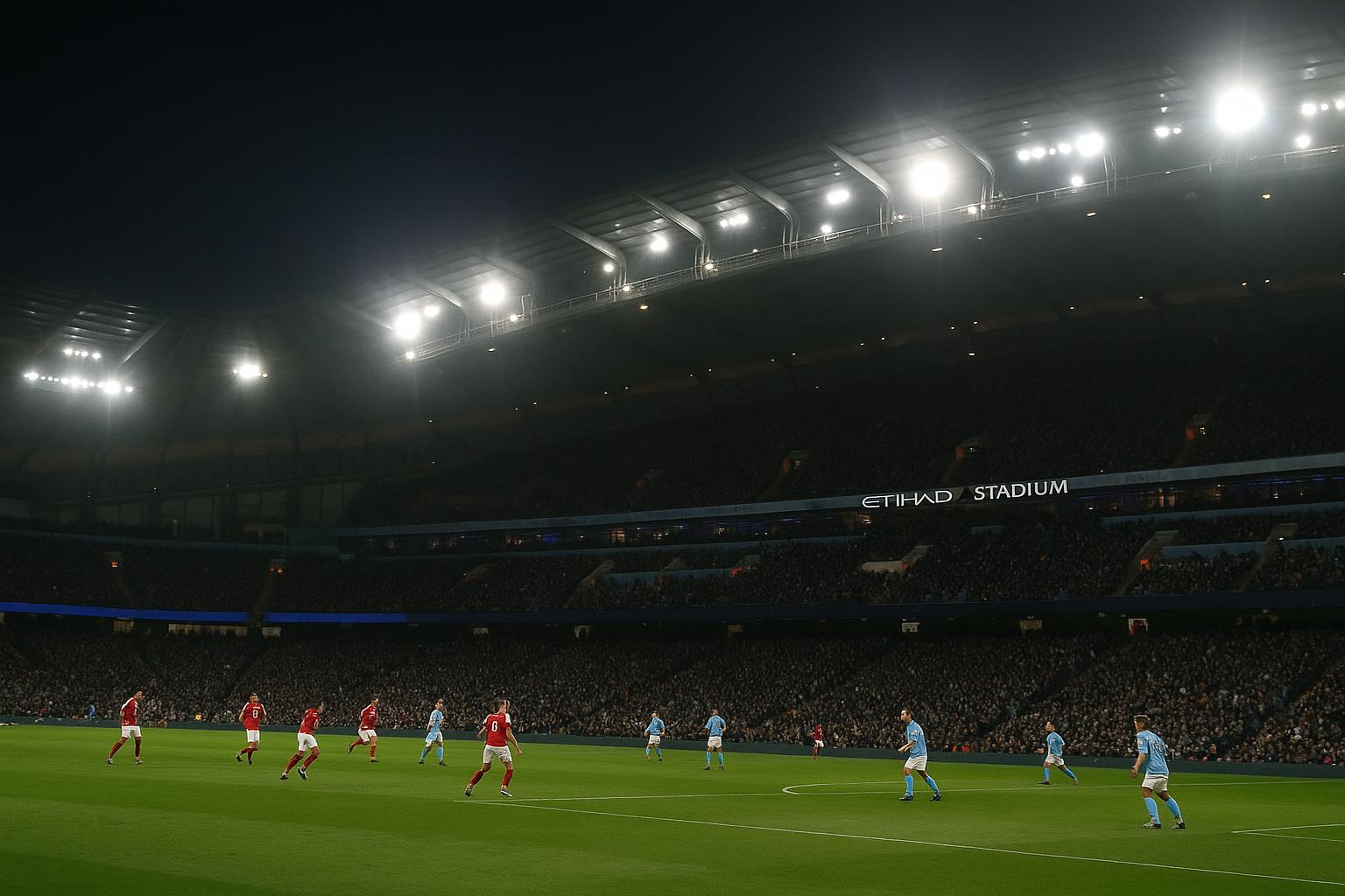 Sfeerbeeld in het Etihad Stadium in aanloop naar Manchester City tegen Arsenal