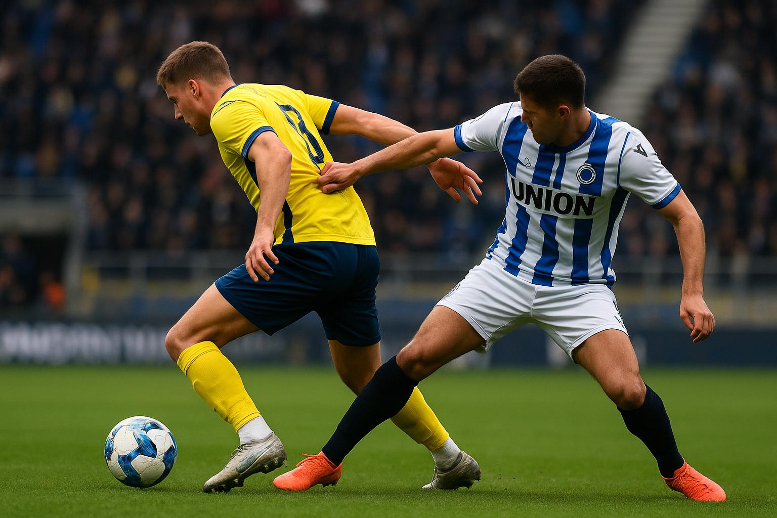 Spelmoment tijdens Union SG tegen Club Brugge in de Champions' Play-Offs