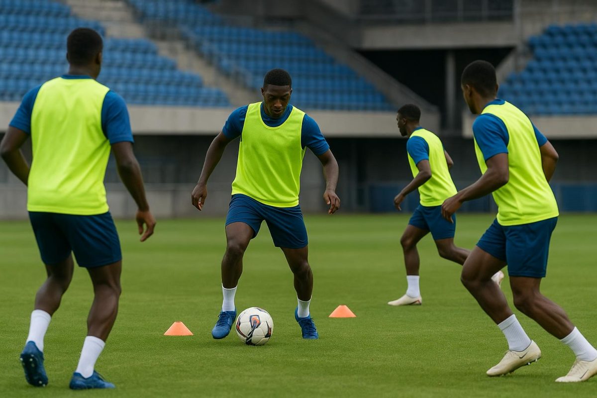 Training bij KRC Genk met spelers op de achtergrond, in aanloop naar de Europe Play-Offs