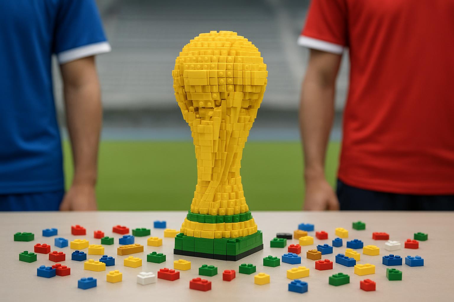 LEGO-wereldbeker in een reclamesetting met voetbalthema, zonder herkenbare gezichten