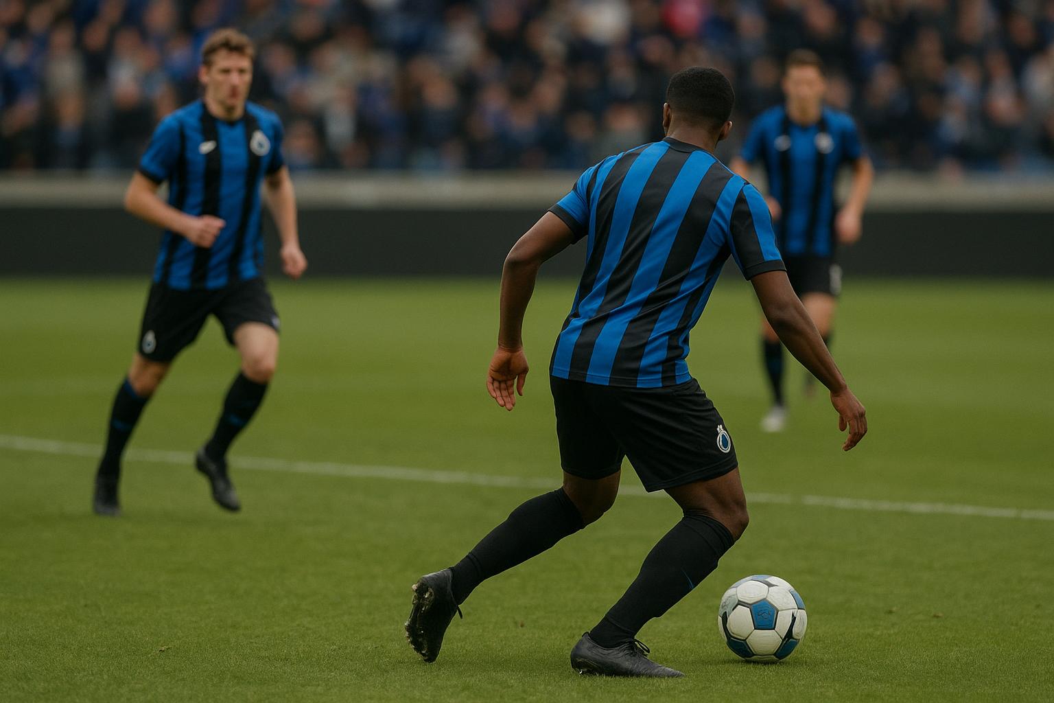 Spelers van Club Brugge in wedstrijdactie, met focus op het middenveld