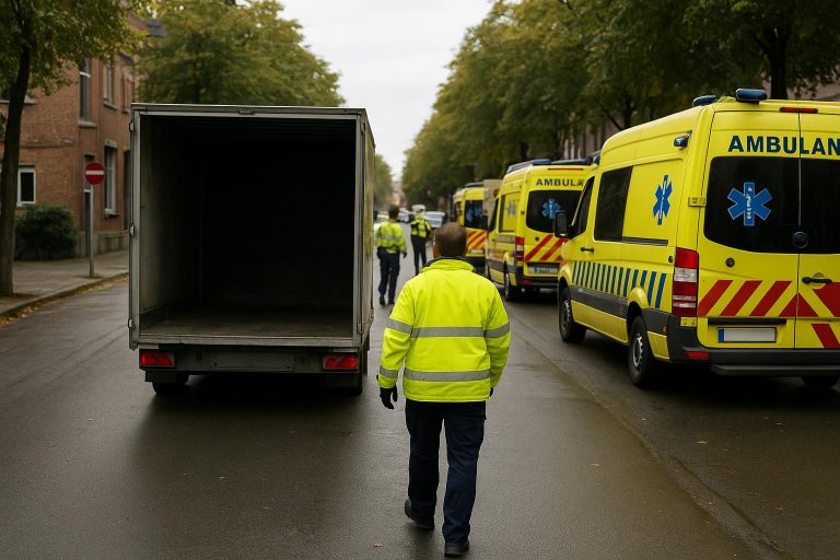 Hulpdiensten bij een open trailer na een ongeval tijdens een kampioensrit in Culemborg