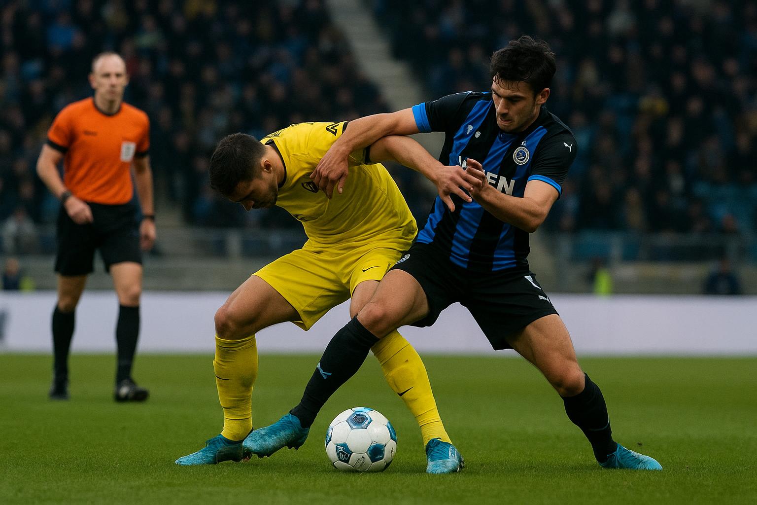 Spelmoment in Union tegen Club Brugge met een duel in het Dudenpark