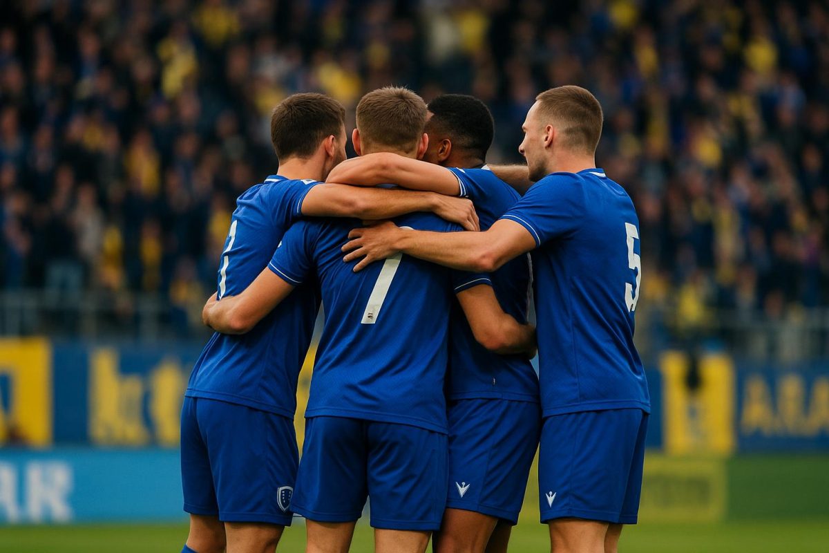 Spelers van KRC Genk vieren een doelpunt op bezoek bij KVC Westerlo in de Europe Play-Offs.