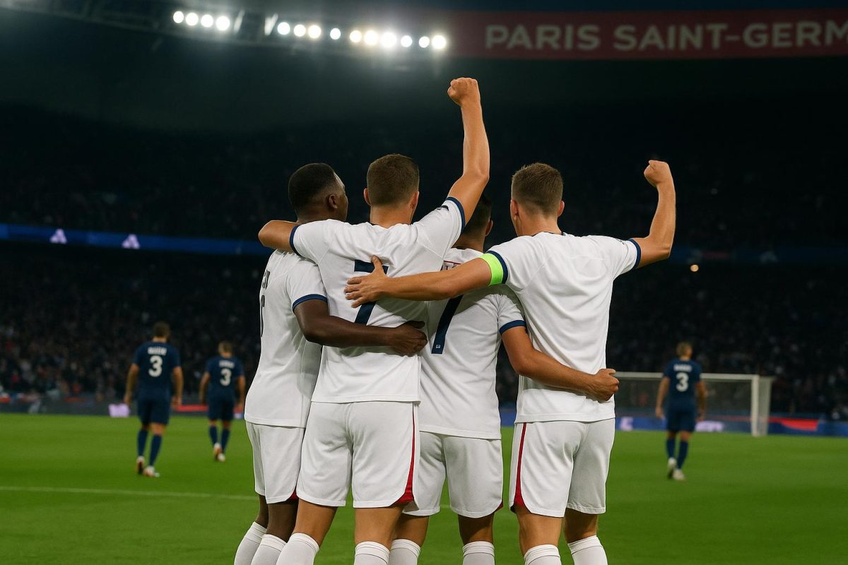 Spelers van Lyon vieren na de stuntzege in het Parc des Princes tegen PSG