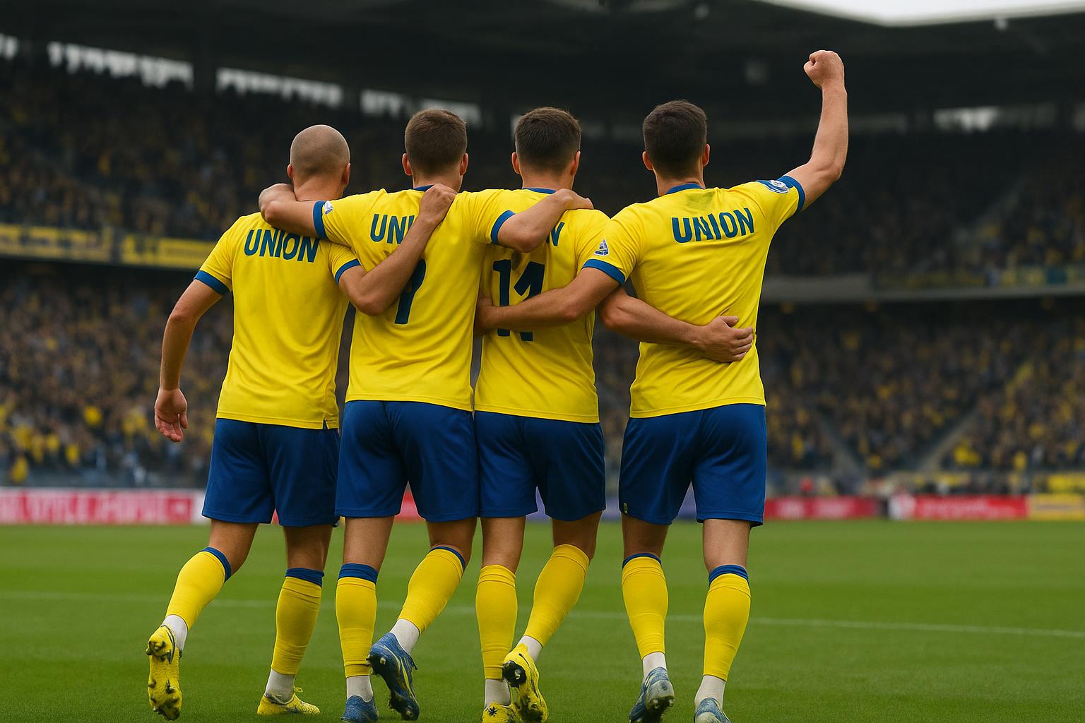 Spelers van Union SG vieren een belangrijke zege in de Champions' Play-Offs