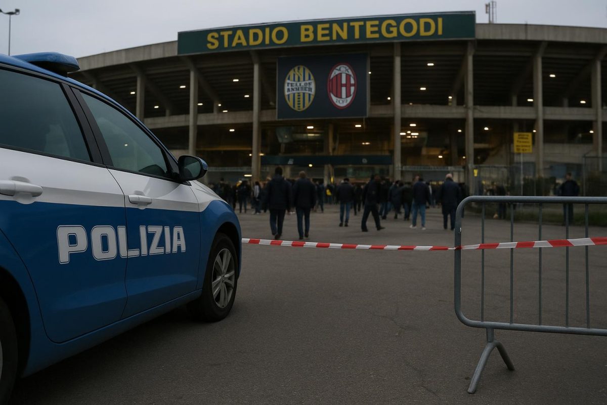 Buitenkant van het Stadio Bentegodi met politieaanwezigheid na een incident